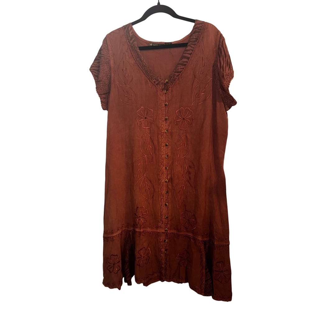 Vtg L/XL (3x) Rust Orange Floral Animal Print Cotton Blend Dress Boho Hippie